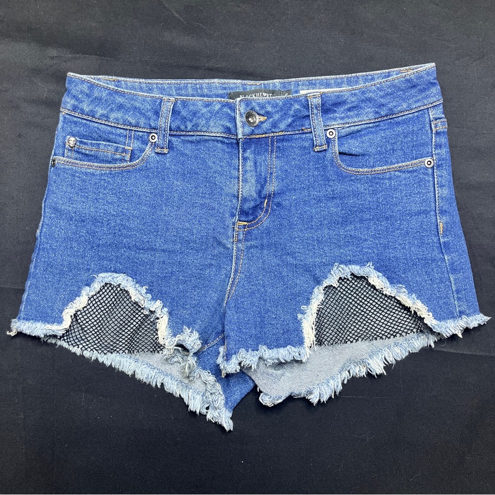 Blackheart Blue Denim Frayed Hem Shorts with Fishnet Insets